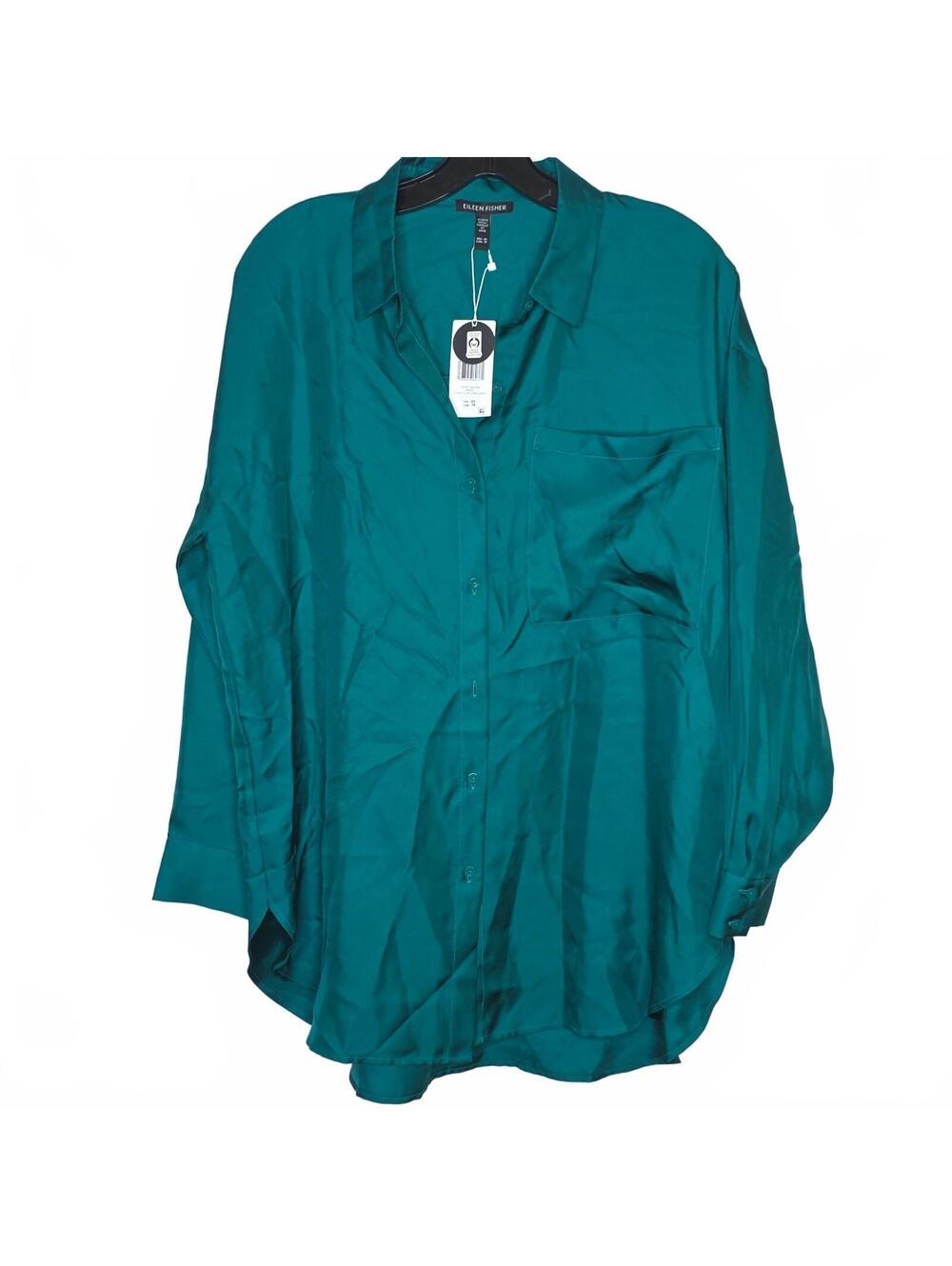 Eileen Fisher Classic Collar Long Shirt 100% Silk Size XS Emerald Green NWT